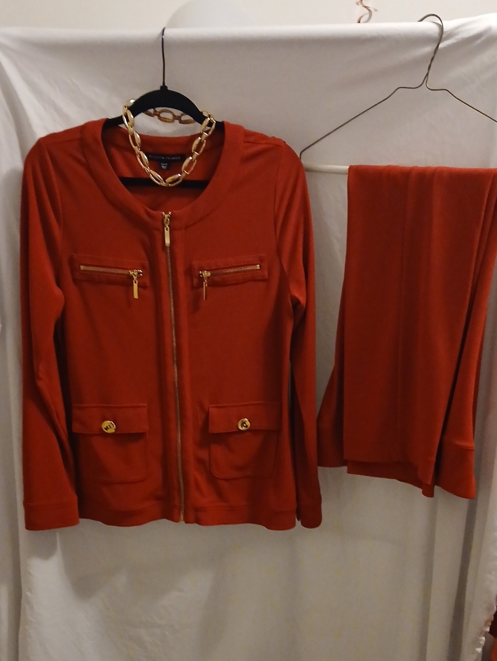 Boston Proper Vintage Women’s Red Zip-Front Jacket with Gold Hardware Necklace